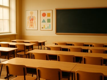 Interior of an academic simulation classroom, bright natural daylight, clean wooden desks, colorful educational charts on the wall, a neat blackboard, warm editorial style