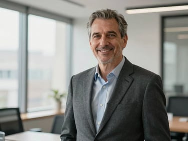Natural corporate portrait of a senior male accountant in a soft-lit modern office, warm slate suit, friendly and professional expression, 50mm lens