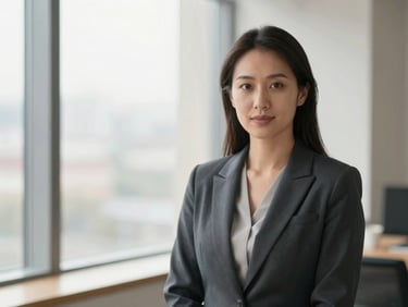 Natural corporate portrait of a female auditing partner in a bright office with soft window light, professional attire, warm gray tones