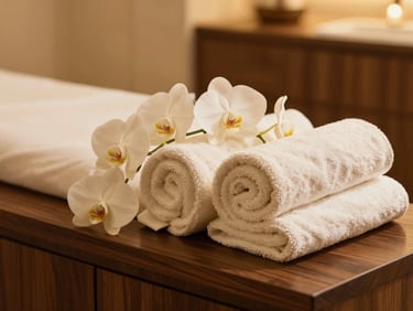Close-up of a luxurious wellness spa treatment room, soft ambient golden lighting, fresh white orchids next to rolled ivory towels on a dark walnut counter