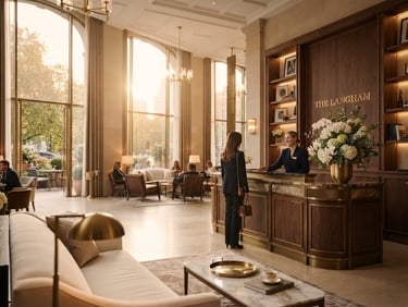 A bright, warm-lit luxury hotel reception lobby with brass accents, fresh white flowers, and warm golden-hour light streaming through tall windows, warm editorial style.