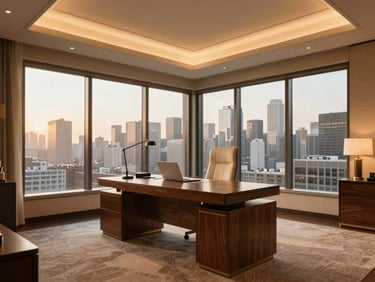 Spacious executive suite with a dedicated work desk, warm ambient lighting, premium textures, and views of the city skyline