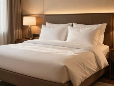 Elegant hotel deluxe room with a king bed, soft warm lighting, and ivory linens