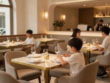 Elegant hotel restaurant interior with warm lighting, families dining, and beautifully set tables with brass accents