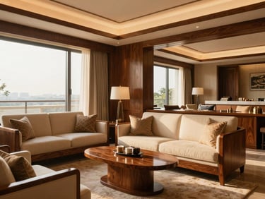Ultra-luxury premium suite at Hotel Vishal, featuring a private lounge, exquisite walnut wood finishes, and panoramic window views