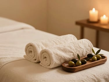 Serene hotel spa treatment room with soft candlelight, rolled towels, and olive accents