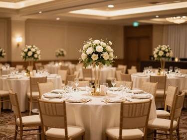 Grand hotel banquet hall beautifully decorated for an elegant wedding reception with warm golden lighting
