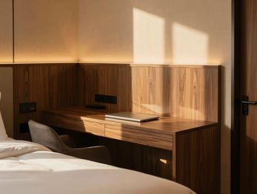Modern luxury executive hotel room with a work desk, walnut paneling, and warm lighting