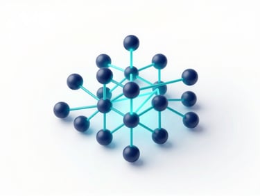 Abstract 3D digital render of glowing network nodes, bright high-key studio lighting, corporate navy and teal accents, isometric perspective.
