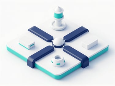 Abstract 3D digital ecosystem showing interconnected data pipelines, bright high-key studio lighting, clean white and teal surfaces, isometric perspective.