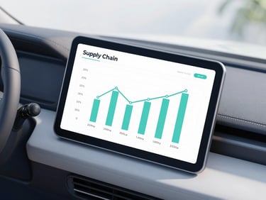 Macro shot of a modern clean dashboard displaying supply chain analytics, soft natural daylight, minimalist corporate aesthetic.