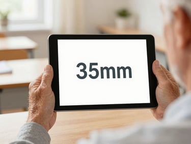 Hands of a senior man holding a tablet showing a simple large-font interface, warm classroom setting, soft daylight, 35mm.