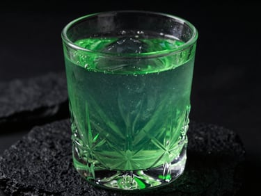 Extreme close-up of a dark translucent cocktail in a heavy crystal glass on raw black rock, single-source green neon rim light, 35mm