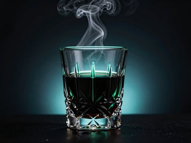 A heavy crystal tumbler filled with dark tequila, elegant curls of white smoke rising, backlighting from a subtle cyan light source, chiaroscuro