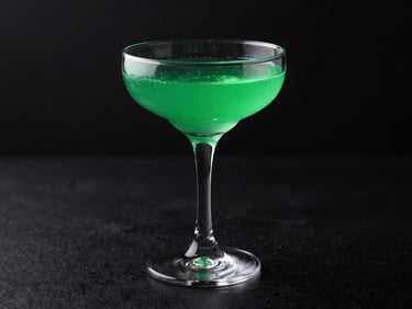 Vibrant green-accented cocktail served in a minimalist coupette glass, dark moody background, sharp reflections, professional product photography