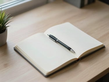 Overhead close-up of a minimal desk surface — a single open notebook, a precise mechanical pencil, and one small plant, lit by cool diffused window light from the left, large areas of empty pale wood visible