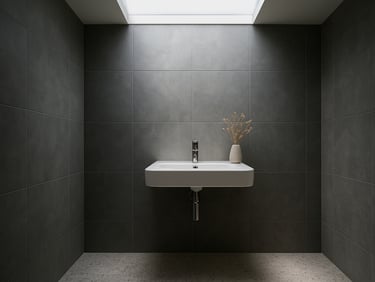 Environmental wide shot of a spare modern bathroom — pale terrazzo floor, a single white ceramic sink against a full-height grey tile wall, one small vessel of dried botanicals, light entering from a frosted skylight above