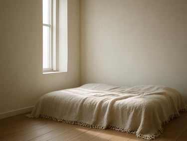 Wide shot of a light-flooded bedroom corner — white walls, a single textured throw draped over a low platform bed, soft diffused morning light from a tall narrow window, extreme calm and stillness