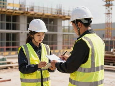 Adult worker wearing high-visibility safety vest and hard hat on a bright construction site, hands-on safety training, warm tones.