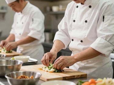 A professional chef in clean white uniform preparing food in a bright, well-lit commercial kitchen, focus on hands-on hygiene practices, warm realistic tones.