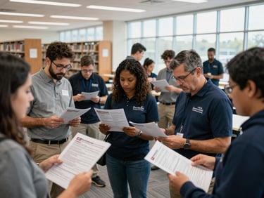 A diverse group of Georgia residents gathered in a brightly lit public library, reviewing printed safety manuals during an emergency preparedness workshop, natural daytime light, candid 35mm lens.