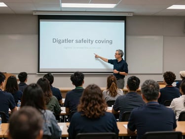 Candid shot of an instructor pointing to a projector screen during a digital safety seminar in a public library, diverse audience listening attentively.
