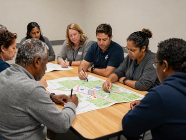 Candid medium shot of a diverse group of neighbors in Georgia sitting around a wooden table mapping out community safety zones, warm indoor lighting.