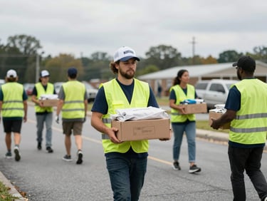 Candid documentary photo of volunteers wearing safety vests carrying supplies to a community center in Georgia, overcast daylight.