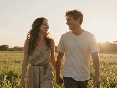 A candid medium shot of a couple laughing and walking together in a warm, sun-drenched meadow during golden hour, soft backlighting with natural lens flare.