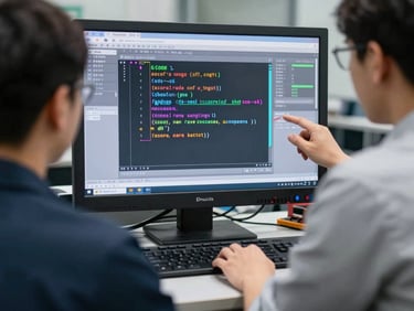 An experienced CNC engineer explaining complex G-code parameters on a control screen to a technician.