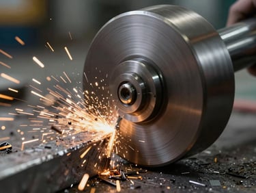 Macro shot of a metal cutting tool slicing steel with high-speed rotation, intense friction and sharp metal shavings.