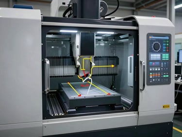 3D virtual simulation of a multi-axis CNC machine enclosure showing collision detection paths, high-tech interface.