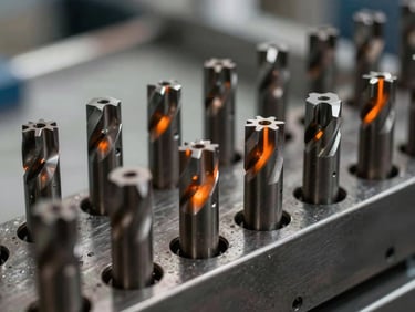 Industrial carbide cutting tools arranged on a dark metallic rack, sharp cutting edges highlighted by orange light.