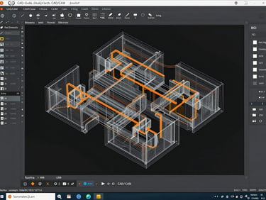 High-tech CAD/CAM software interface showing complex 3D toolpath wireframe simulation over a dark background, precise geometric lines, orange accents