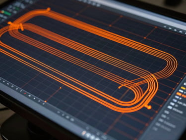Crisp CAD/CAM toolpath wireframe on a dark monitor screen, glowing orange vector lines, technical grid.