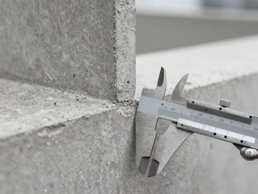 Macro detail of architectural concrete joint and measuring caliper under overcast daylight, desaturated cool tones