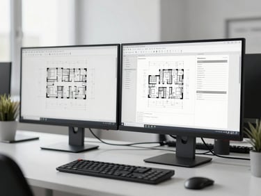 Professional workspace with dual monitors displaying architectural blueprints and claims documentation, clean office light, desaturated tones