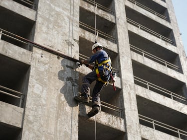 Worker in full safety harness executing facade concrete injection on a high-rise building, sharp daylight.