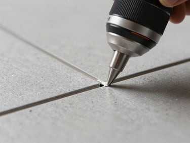 Macro shot of industrial flooring joint sealant being applied with technical precision, clean lines.