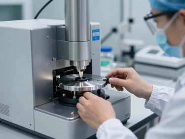 Close-up of an automated chemical analysis laboratory, a technician in protective gear calibrating a spectrometer, cold sterile lighting, stainless steel instruments.