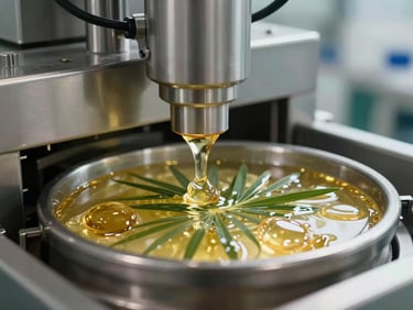 Close-up of raw palm and specialty plant lipids being processed in an automated industrial extraction facility, stainless steel machinery, precise focus.