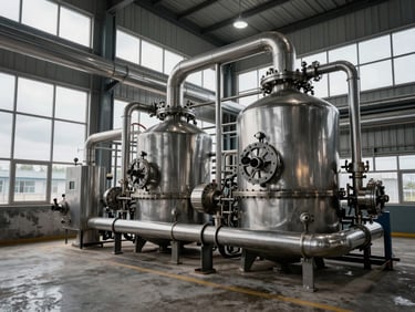 Wide shot of a modern stainless steel food oil refining facility, automated pipelines, dramatic overcast daylight filtering through high windows.