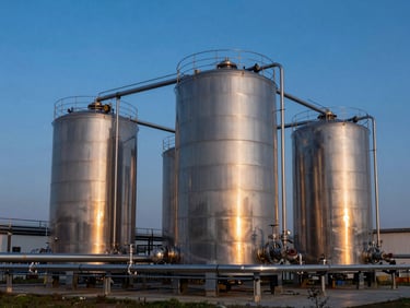 Industrial lipid storage terminal farm at dusk, towering metallic tanks reflecting deep blue and gold twilight sky, precise pipe networks.