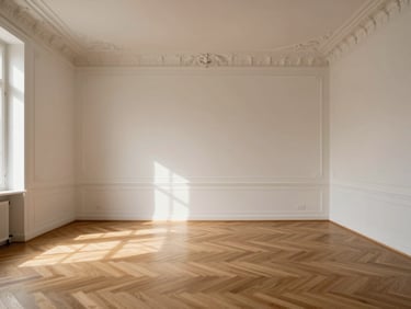 Immaculate, empty Parisian apartment interior flooded with soft morning light, chevron parquet flooring, high ceilings with ornate plaster moldings, minimalist framing.