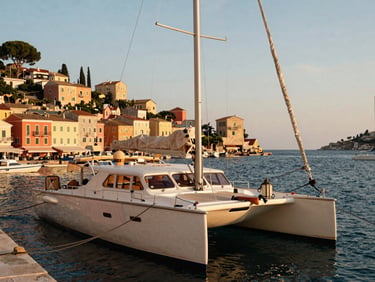 A luxury catamaran moored stern-to in a historic Mediterranean harbor town, colorful cliffside houses in the background, golden hour