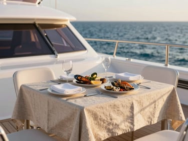 Close-up of a modern catamaran aft deck, beautifully set dining table with sun-bleached linen and fresh local seafood, warm coastal light.