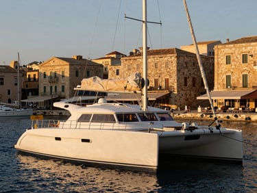 A modern catamaran moored stern-to in a historic Mediterranean harbor at golden hour, warm light reflecting off stone waterfront buildings.