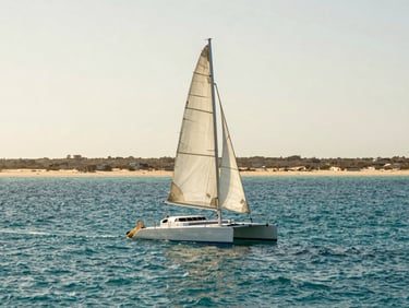 A single catamaran sailing smoothly through flat, shallow turquoise waters near a distant low-lying sandy coastline, bright natural seaside sun.