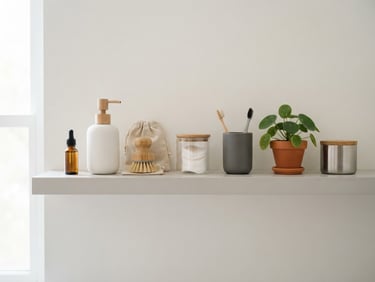 Straight-on medium shot of neatly organized minimalist household products on a clean light gray shelf, bright natural daylight, professional photography, soft shadows, crisp focus