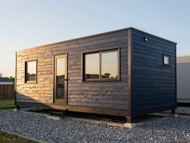 Modern mobile home on a clean gravel pad, architectural lines, sunset lighting, premium dark wood siding, 35mm